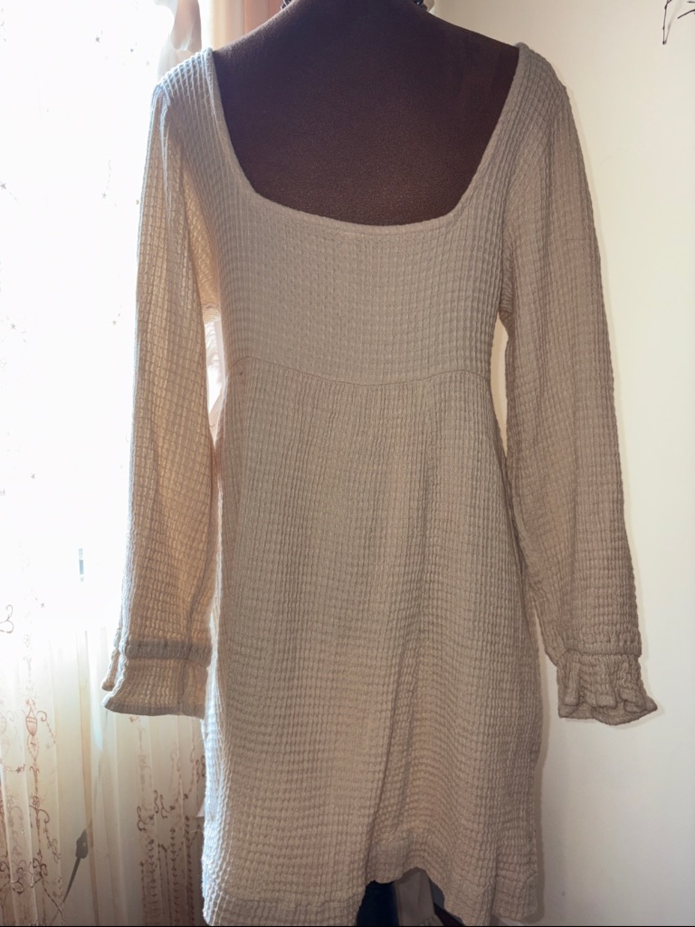 Free People Waffle-Knit Long Sleeve Square Neck Dress in Cream - Picture 2 of 2